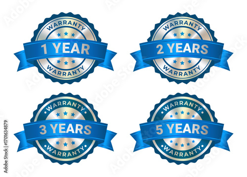 Set of Round silver medal with award blue ribbon, warranty badge icon with 1,2,3,5 years guarantee label, quality assurance seal and certification emblem isolated on white background. Vector EPS10
