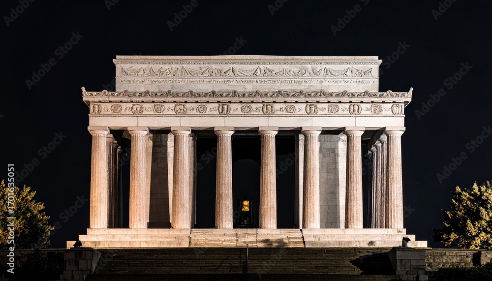 Fototapeta premium Classical temple with Corinthian columns and sculpted pediment on black background