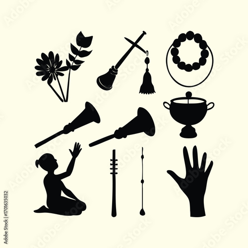 Silhouettes set representing traditional Japanese arts and culture, including tea ceremony, calligraphy, kimono, martial arts, festivals, and heritage