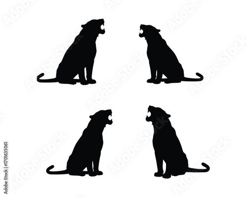 Four silhouettes of black panthers sitting and roaring with open mouths on a white background