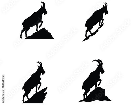 Four silhouette illustrations of mountain goats or ibex climbing and standing on rocky outcrops against a white background