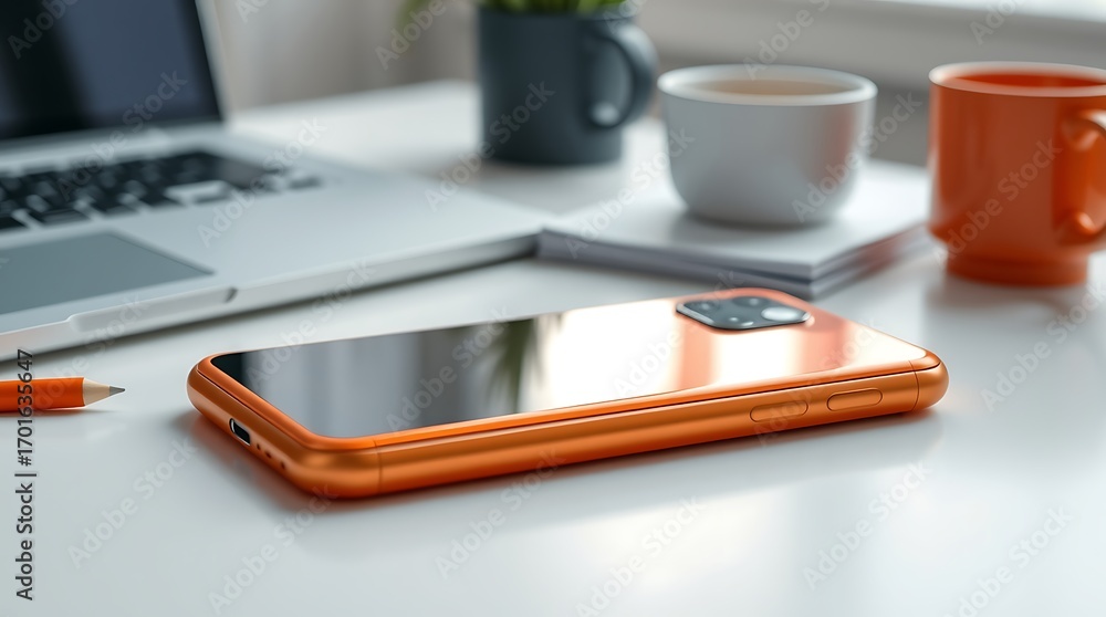 custom made wallpaper toronto digitalOrange phone rests on a white desk next to a laptop and coffee cups in a bright office setting