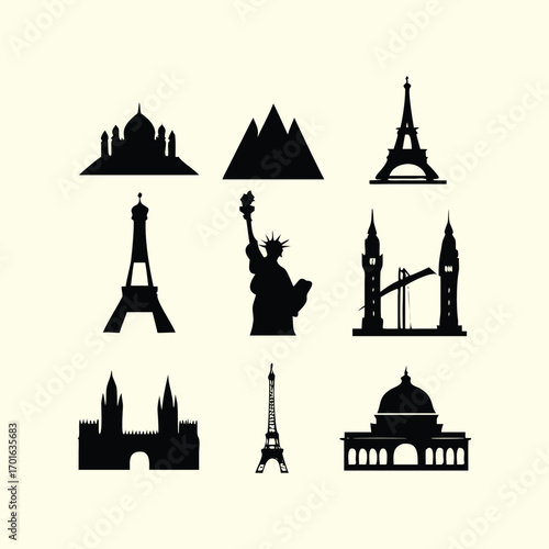 Collection of famous global landmark silhouettes, featuring iconic monuments, world architecture, historical sites, cityscapes, tourism attractions, and travel destinations.