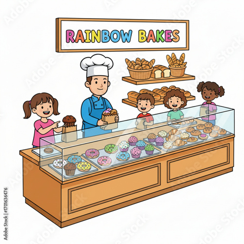 A cheerful cartoon illustration of a bustling bakery called Rainbow Bakes. A baker wearing a chef's hat is serving various sweet treats to three happy children.