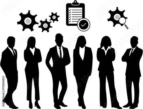 Silhouettes of a professional business team with icons representing process, tasks, and analysis.