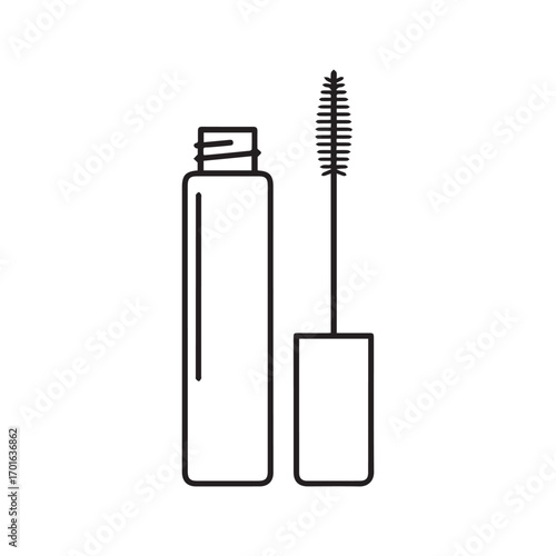 Mascara tube and wand icon in outline style. Cosmetic product for eyelashes, beauty makeup tool. Simple black and white vector illustration.
