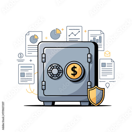 Vector illustration of a safe with a dollar coin and financial documents, symbolizing finance and investment security with a flat 2D design.