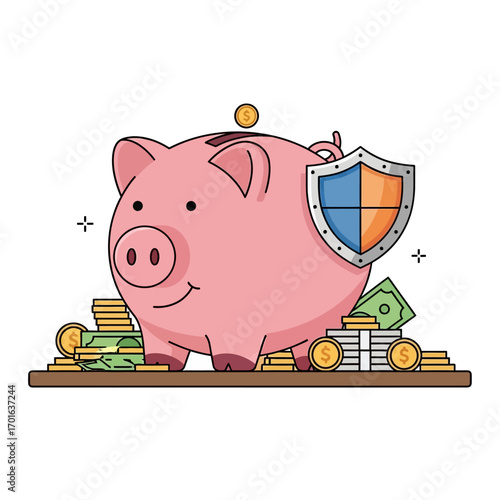 Minimal vector illustration of a pink piggy bank with a shield, surrounded by stacks of coins and bills on a wooden board, flat 2D design with a finance and investment theme.