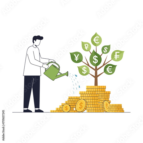 Minimal vector illustration of a man watering a tree growing on a stack of coins with currency symbols, flat 2D design.
