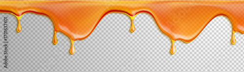 Honey drip melt with oil caramel and gooey syrup for realistic drop or slime essence background. Yellow tasty juice and healthy fudge down with jelly top and amber flat illustration.