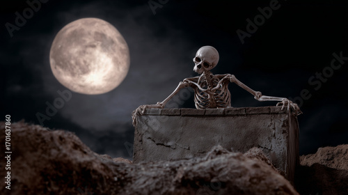 A skeleton climbing out of a grave under the full moon