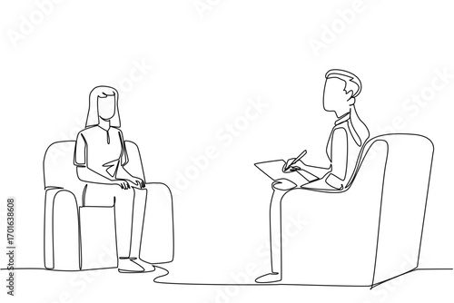 Single one line drawing man sits on sofa holding clipboard with woman. Psychological treatment. Therapy. National Mental Health Provider Appreciation Day. Continuous line design graphic illustration