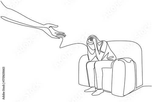 Single continuous line drawing a woman sitting on a sofa with both hands holding her head. Give a helping hand. National Mental Health Provider Appreciation Day. One line design vector illustration