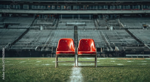 Empty stadium seats on a field