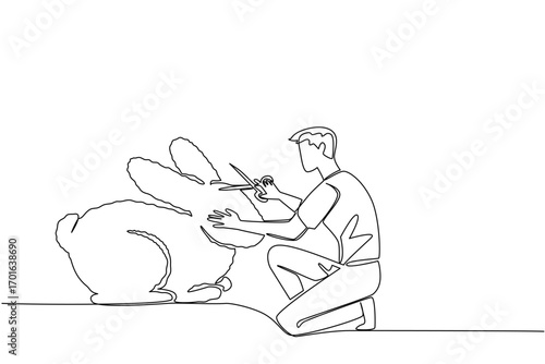 Continuous one line drawing male gardener kneels holding a tree shears shaping a tree into a rabbit. Amazing art. Creativity and hobbies. World Topiary Day. Single line draw design vector illustration