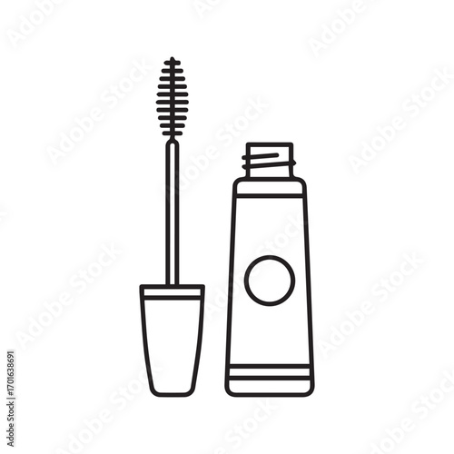 Mascara tube and wand icon in outline style. Cosmetic product for eyelashes, beauty makeup tool. Simple black and white vector illustration.
