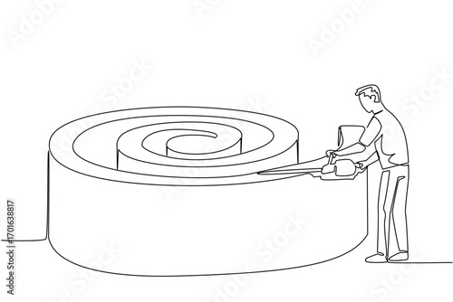Single continuous line drawing a male gardener holding an electric mower and cutting a tree into a spiral. Resembles a simple maze. Natural art. World Topiary Day. One line design vector illustration