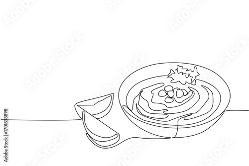 Continuous one line drawing hummus in white bowl with leaf and nut toppings plus lemon slices. Creamy and fresh blend in mouth. International Hummus Day. Single line draw design vector illustration