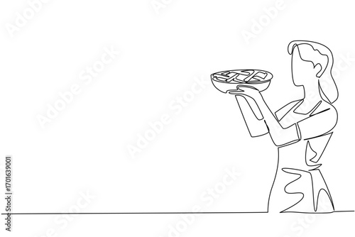 Single continuous line drawing a woman wearing an apron holds an apple pie on a round tray. The finished dough is immediately baked. Tasty. National Apple Pie Day. One line design vector illustration