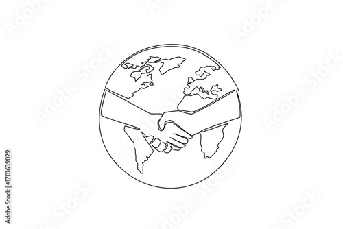 Single one line drawing globe and in the middle there are 2 hands shaking hands. The buying and selling business is conducted online. World Fair Trade Day. Continuous line design graphic illustration