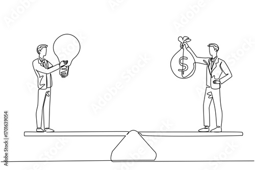 Continuous one line drawing 2 businessmen stand at opposite ends of balance board. Owner of innovative idea negotiates with investor. World Fair Trade Day. Single line draw design vector illustration