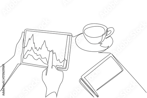 Single one line drawing hand holding tablet with stock market infographics. Monitoring stock values ​​in morning with a cup of coffee. World Fair Trade Day. Continuous line design graphic illustration