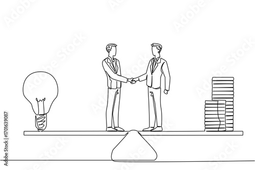 Single continuous line drawing 2 businessmen shaking hands with large stack of coins and a large light bulb. Final stage negotiations agreed. World Fair Trade Day. One line design vector illustration
