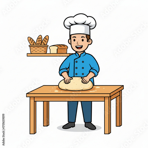 A cartoon illustration of a happy male baker kneading a large ball of dough on a wooden table.