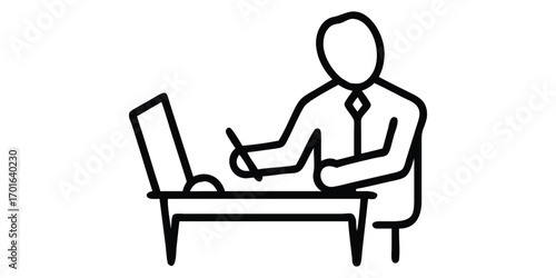 A person sits at an office desk, a businessman working on a laptop while typing on the computer keyboard