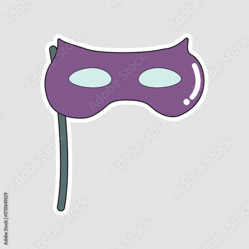 Purple Masquerade Mask Sticker. A cute, hand-drawn vector illustration of a purple masquerade mask on a stick, perfect for Halloween, parties, and festive designs