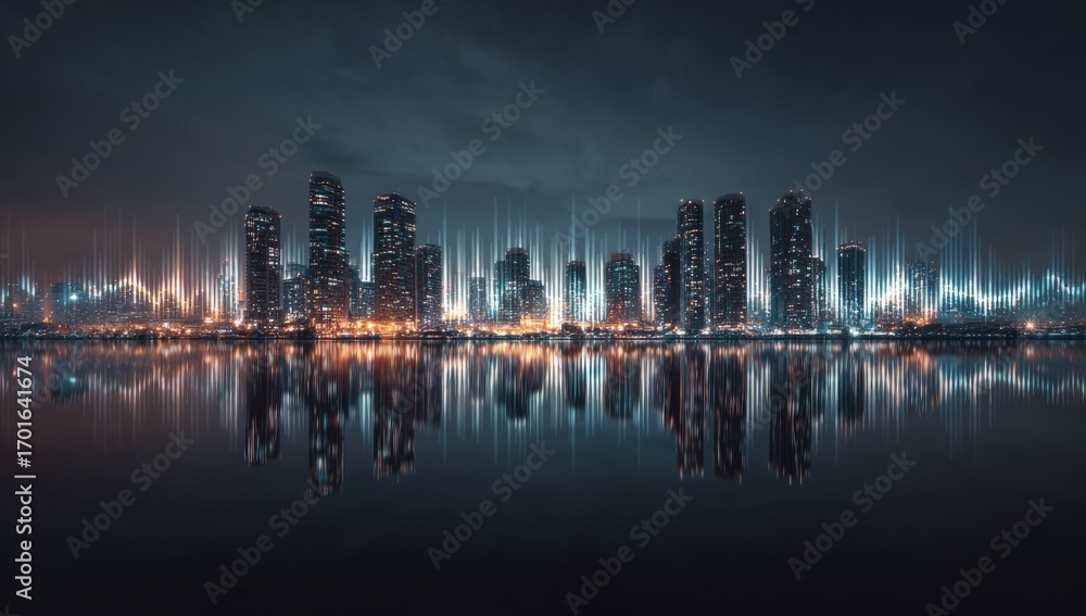 Fototapeta premium Futuristic city skyline at night, reflected in water