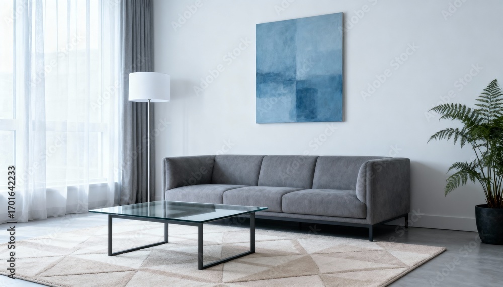 Obraz premium Modern Living Room Interior with Gray Sofa, Coffee Table, and Abstract Art for Home Decor