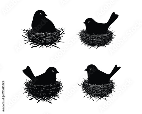 Four silhouettes of black birds sitting comfortably in their nests against a white background