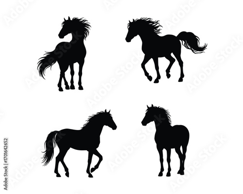 Four distinct black silhouette illustrations of horses in various dynamic poses against a clean white background