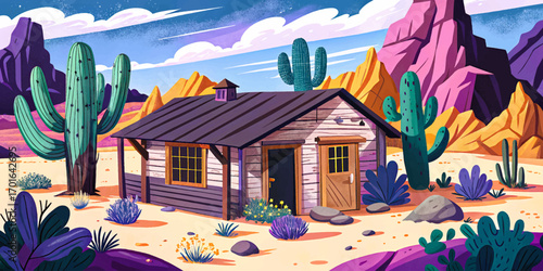 Old wooden cabin in desert canyon wallpaper, rustic hut blending with rocks, dry landscape and cactus plants cartoon