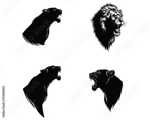 Four striking black and white artistic depictions of roaring big cats including lions and panthers with a textured brushstroke effect