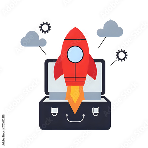 Rocket launching from open briefcase symbolizing startup success and innovation