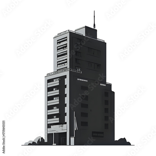 Modern architectural design of a tall dark office building with clean lines.