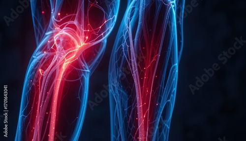 A detailed anatomical illustration of a leg's circulatory system highlighting the vibrant red blood vessels and intricate network of nerves.