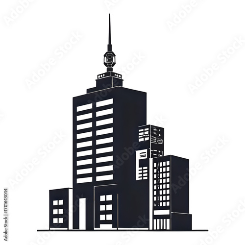 Modern skyscraper silhouette with antenna against white background