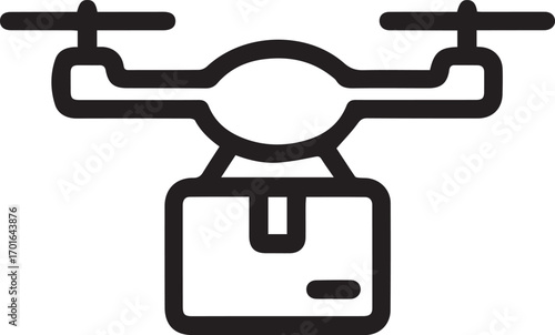 drone delivery icon minimal outline quadcopter carrying parcel package logistic shipping black white symbol