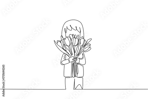 Continuous one line drawing a little girl wearing a tshirt holds a bouquet of colorful tulips. Posing like a professional model. Adorable. Cute. Tulip Day. Single line draw design vector illustration