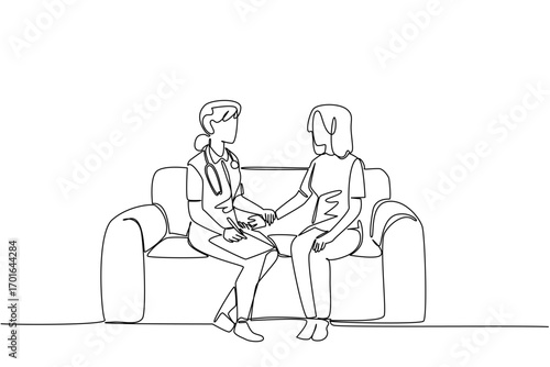 Single one line drawing doctor wearing stethoscope checking pulse of patient while carrying clipboard. Checking slowly. National Checkup of Women Day. Continuous line design graphic illustration