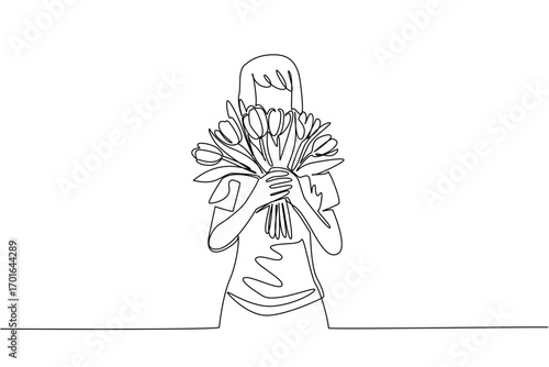 Single continuous line drawing a woman wearing a tshirt holding a bouquet of colorful tulips. Getting a surprise from her beloved partner. Flowers. Tulip Day. One line design vector illustration