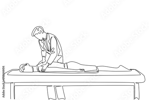 Single continuous line drawing male physiotherapist massaging back of male patient sleeping on patient bed. Spine treatment. Spinal Cord Injury Awareness Day. One line design vector illustration