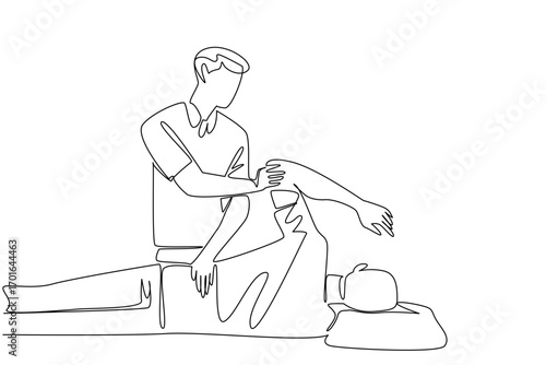 Single one line drawing physiotherapist massaging the back a patient who is lying on side. Rehabilitation. Chiropractor. Spinal Cord Injury Awareness Day. Continuous line design graphic illustration