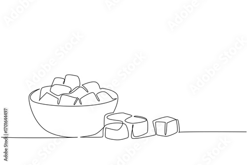 Single continuous line drawing croutons in a bowl and some scattered on the side of the bowl. Adding to the deliciousness of food. Snack. National Crouton Day. One line design vector illustration