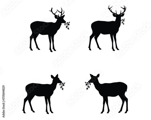 Four silhouette illustrations of deer with antlers and holding greenery in their mouths on a white background