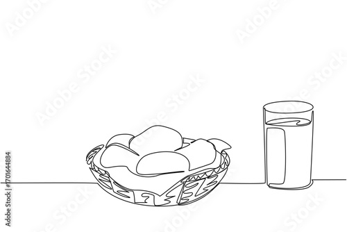 Single continuous line drawing buttermilk biscuits in a rattan wicker place and a glass of orange juice. High nutrient breakfast. National Buttermilk Biscuit Day. One line design vector illustration