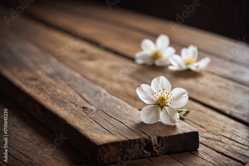 White blossom flowers on rustic wooden background, minimal spring concept.